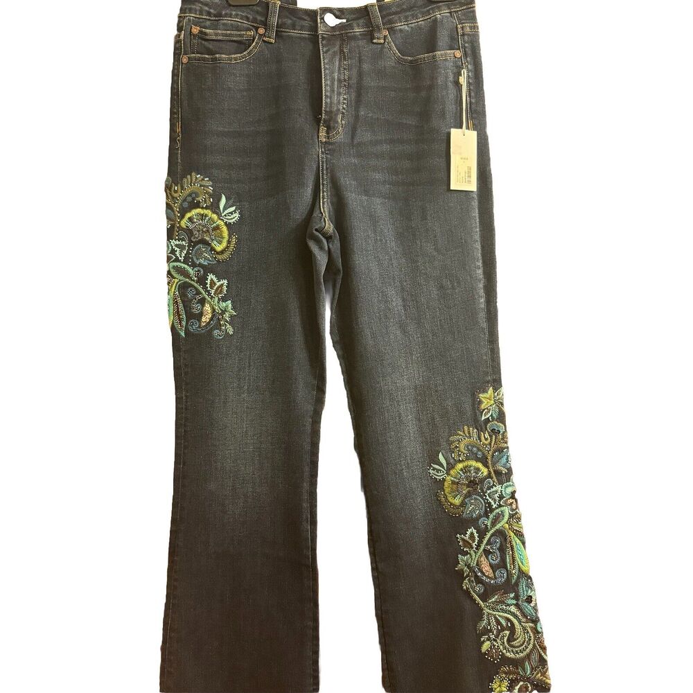Soft Surroundings Women's Boot Cut Jeans - Black with Colorful Embroidery - Picture 3 of 11